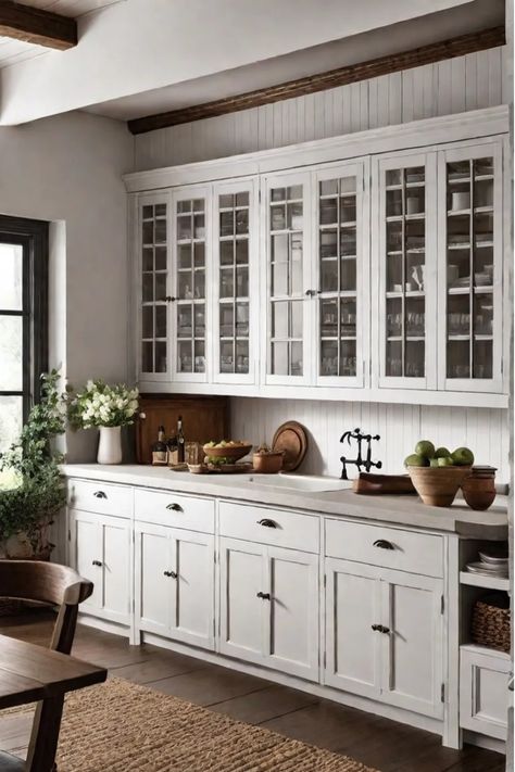 Discover charming farmhouse kitchen cabinets ideas to add a touch of rustic elegance to your home. Explore various farmhouse cabinet styles, from distressed finishes to sleek modern designs. Create a cozy and inviting space with the warmth and character that farmhouse kitchen cabinets bring. Get inspired to transform your kitchen into a stylish and functional area with these creative farmhouse cabinet ideas. Whether you prefer open shelving or traditional cabinetry, there is a farmhouse style th Shelving Ideas For Kitchen, Farmhouse Kitchen Cabinet Hardware, Farmhouse Kitchen Cabinets Ideas, Ideas For Kitchen Cabinets, Farmhouse Kitchen Cabinet, Cottage Cabinet, Mansion Kitchen, Reclaimed Wood Cabinet, Free Standing Kitchen Cabinets