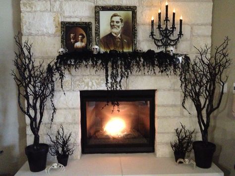 Halloween mantle transformation Fireplace Mantle Halloween Decor, Goth Mantle Decor, Halloween Fireplace Decor Mantles, Spooky Halloween Mantle, Punk Bedroom Decor, Mantle Decoration Ideas, Fall Table Arrangements, Living Room Design Cozy, Witchy Halloween Decor