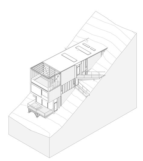 Stepped Terrace Architecture, Down Slope House Design, Slope Architecture Concept, Co Living Architecture, Slope Architecture, House On A Slope, Houses On Slopes, Slope House Design, House On Slope