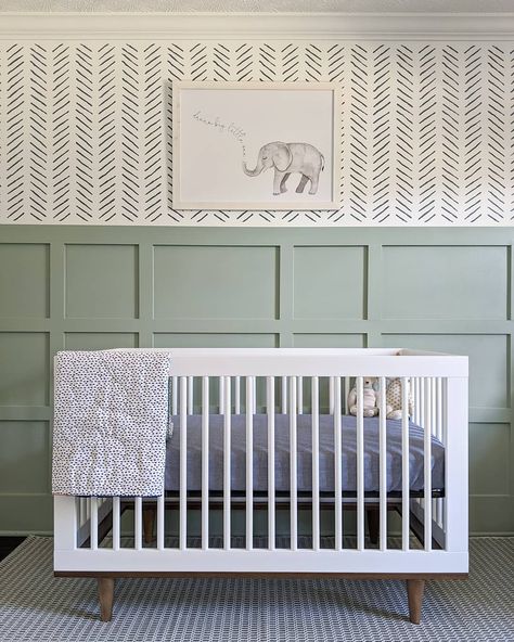 Nursery with green board and batten wall, chevron stencil and midcentury modern crib. Gender Neutral Nursery Inspiration, Nursery Inspiration Neutral, Chevron Stencil, Nursery Accents, Nursery Accent Wall, Batten Wall, Modern Crib, Baby Room Neutral, Nursery Room Design