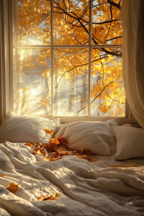 Cozy fall bedroom decor with autumn leaves on a bed by a sunlit window. Perfect for autumn bedroom inspo and creating a warm fall themed room aesthetic. Crisp Fall Morning Aesthetic, Cosy Autumn Bedroom Aesthetic, Bedroom Morning Sunlight, Misty Autumn Morning, Early Morning Aesthetic Window, Autumn Room, Rainy Day Aesthetic, Cozy Fall Bedroom, Fall Bedroom