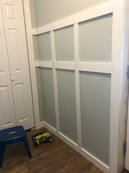 Board And Batten Wall With Hooks Entryway, Diy Board And Batten Wall, Diy Board And Batten, Entryway Makeover, Batten Wall, Wall Feature, Board And Batten Wall, Base Moulding, Mudroom Design