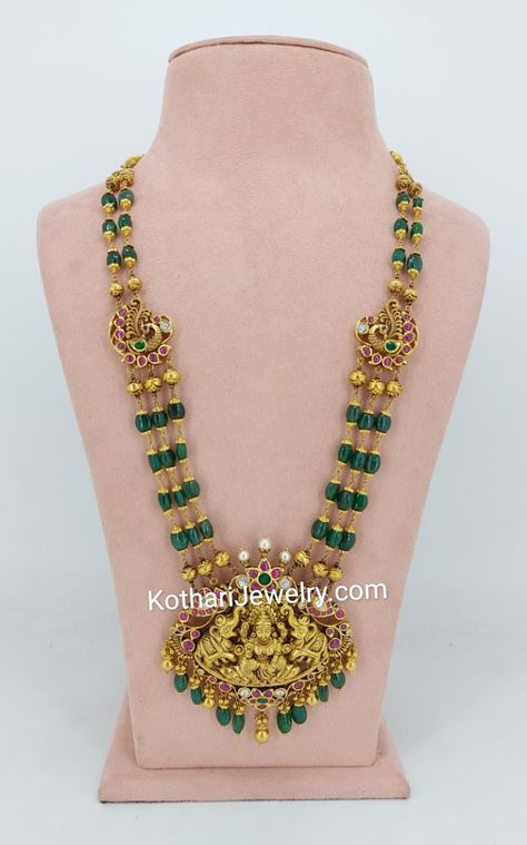 Green Beads Long Haram Gold, Emralds Beeds Necklace, Beads With Gold Balls, Gaja Lakshmi, Lakshmi Pendant, Diamond Gold Earrings, Gold Haram, Bridal Diamond Necklace, Long Haram