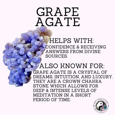 Grape Agate Crystal Info! 🍇🍇🍇 #crystals #grape agate #crystaleyecandy #earthfamilycrystals Grape Agate Crystal Meaning, Grape Agate Meaning, Learning Crystals, Interesting Crystals, Grape Crystal, Witchy Knowledge, Agate Stone Meaning, Fae Magic, Crystal Knowledge