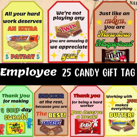 These tags are perfect for any occasion you want to thank an employee. Just attach them to candy with a ribbon or a piece of string. This listing includes 25 candy-themed tags. This listing is for printable 2.0x3.5 and 2.5x4.0 inches tags. National Payroll Week Ideas, Iowa Food, Employee Appreciation Awards, Referral Gifts, Candy Bar Awards, Football Candy, Candy Bar Gifts, Teacher Morale, Nurse Party