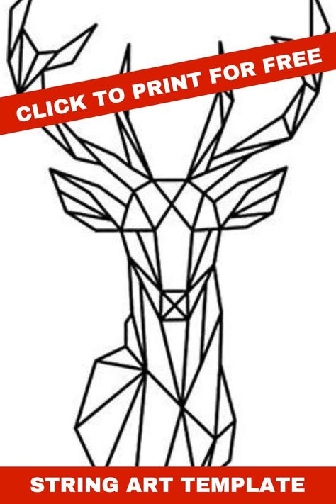 Black-on-white line drawing of a reindeer with antlers. Text overlay: click to print for free string art template. Deer Template Free Printable, String Art Templates Printable Free, String Art Patterns Templates Printable Free, Reindeer Template Free Printable, String Art Patterns Printable, String Art Patterns Free Printable, Deer Template, Deer String Art, String Art Patterns Templates