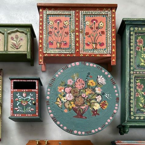 Folk Art Painted Armoire, Upcycle Painted Furniture, Painted Dollhouse Furniture, Hand Painted Dolls House, Swedish Painted Furniture Folk Art, Hand Painted Antique Furniture, Amy Balfour, Folk Furniture Painting, Folk Art Nursery