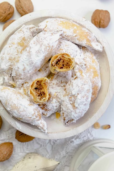 Whether you call them kiflies, kifli, roszke, kolaczki, or kolache, these traditional Polish crescent cookies with walnut filling are buttery, delicate, and melt-in-your-mouth favorite Christmas treat. | allthatsjas.com | #kiflies #cookies #polish #crescent #walnuts #baking #recipes #comfortfood #holidays #Christmas #kieflies #kiffles #rolls #roszke #allthatsjas #homemade #dough #kolache #kolacky #dessert Kiffles Cookies, Walnut Kiffles Recipe, Polish Walnut Cookies, Kieflies Recipe, Walnut Filling For Kolachky, Polish Cookies Recipes, Kolacky Cookies Polish, Easy Kolaczki Recipe, Kolacky Cookies Nut Filling