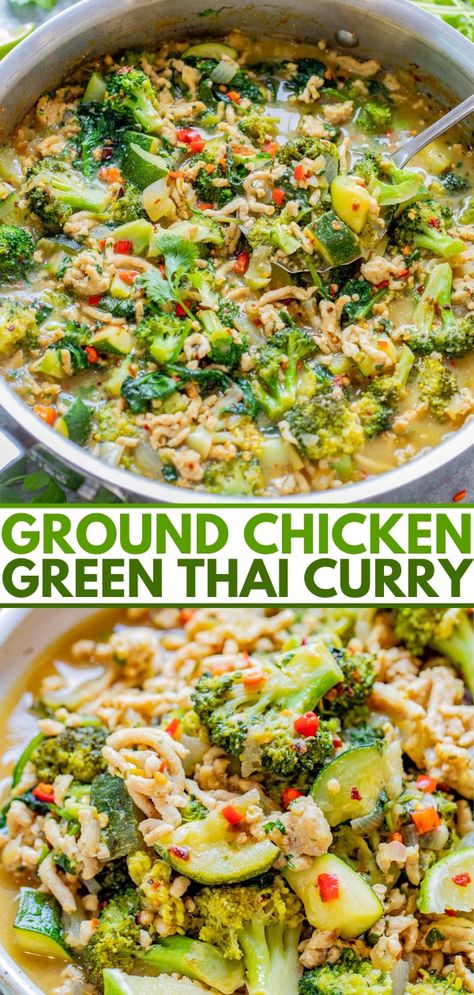 Ground Chicken Green Thai Curry - Averie Cooks Thai Ground Chicken Recipes, Ground Chicken Curry, Home Chinese Food, Green Thai Curry, Green Thai, Averie Cooks, Sweet Potato Curry, Ground Chicken Recipes, Easy Curry