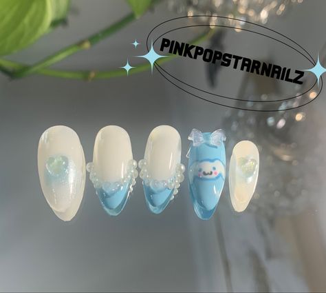 Blue Sanrio Nails, Cinnamoroll Nails Simple, Blue Cinnamoroll Nails, Sanrio Nails Cinnamoroll, Cinnamonroll Sanrio Nails, Cinnamon Roll Nails Sanrio, Cinnamoroll Nail Art, Wonyoung Nails, Cinnamon Roll Nails