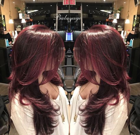 Red Vines .. Red balayage by Lina using our color line Goldwell .. #balayage #goldwell #redvibes ❤️ Dark Red With Brown Hair, Red Vine Hair Color, Wine Hair Color With Highlights, Dark Red With Light Red Highlights, Deep Cherry Red Hair Highlights, Wine Red Hair With Highlights, Red Wine Hair Color With Highlights, Wine Red Highlights In Brown Hair, Wine Red Highlights On Black Hair