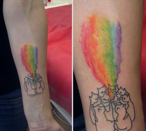 25 Examples Of Artistic Watercolor Tattoos | Bored Panda Water Paint Tattoo, Watercolor Cat Tattoo, Kitty Tattoos, Pride Tattoo, Rainbow Tattoos, Key Tattoos, Watercolor Tattoos, Mountain Tattoo, Watercolor Rainbow