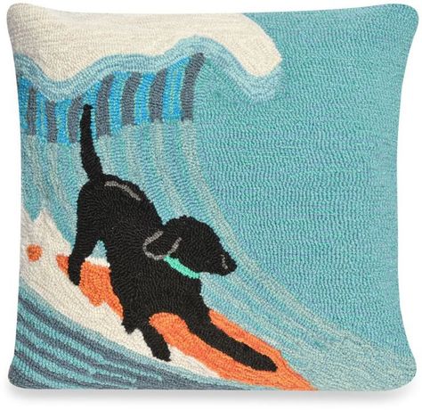 Pin for Later: The Easiest Way to Make Your Outdoor Space Cozy This Spring  Surfing Dog Front Porch Throw Pillow in Ocean ($50) Boys Surf Bedroom, Outside Pillows, Beach Puppy, Hand Hooked Pillows, Surfing Dog, Blue Outdoor Pillows, Ocean Pillows, Hooked Pillow, Nautical Pillows