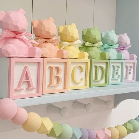 Tilda Loves Teddy on Instagram: "🐻 BEARS & LETTER BLOCKS 🐻 . I had the most fun with this cute order of rainbow bears and blocks yesterday. These really are just the sweetest addition to a nursery. . I hope you are all having a great start to the school holidays! So far I’m ahead on orders so fingers crossed that continues! 🐻 . . . #nurserydecor #teddybear #teddybeardecor #boysnursery #girlsnursery #nurserydecoration #pastelnursery #pastelrainbow #rainbowbaby #teddytheme #teddybabyshower #ted Nursery Decor Rainbow, Candy Theme Nursery, Rainbow Baby Room Target, Care Bears Nursery Theme, Pastel Rainbow Room, Bear Shelf, Teddy Bear Decor, Blue Rainbow Nursery Decor, Pastel Rainbow Nursery