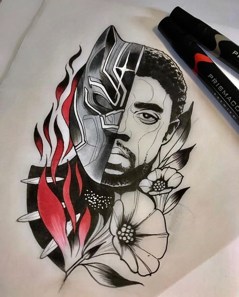 Black Panther Wakanda Forever Tattoo, Chadwick Boseman Tattoo, Wakanda Tattoo Ideas, Wakanda Forever Tattoo, Black Panther Tattoo Marvel, Wakanda Tattoo, Black Panther Tattoos, Panther Tattoos, Headdress Tattoo