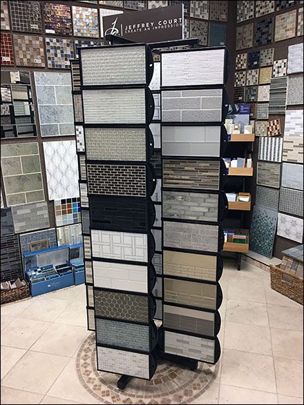 Jeffrey Court Tile Multi-Spinner Floor Display Carpet Store Design, Sanitary Showroom, Ceramic Showroom, Store Fixtures Design, Jeffrey Court Tile, Bathroom Tiles Design Ideas, Flooring Showroom, Wooden Window Design, Kitchen Design Showrooms