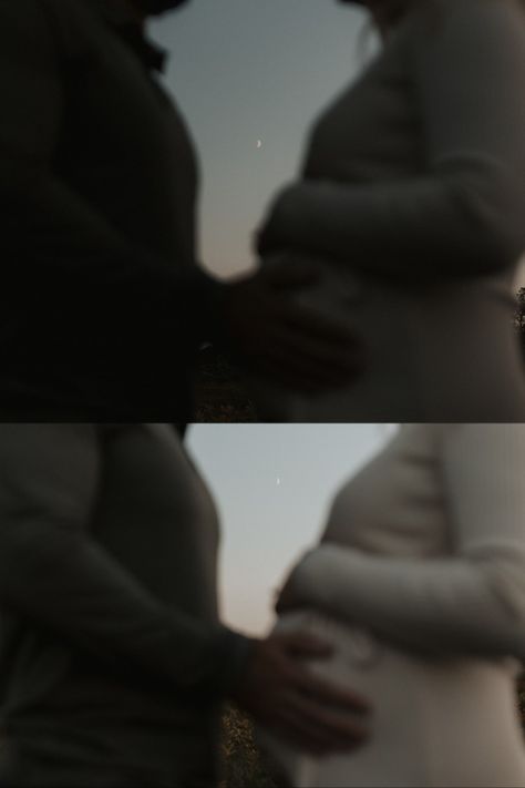 Moody maternity photos at sunset. Moon in the sky. Sun setting behind them. White maternity dress. Mom and dad to be. Happy family. Casual outfits. Moody Beach Maternity Photos, Dreamy Maternity Photography, Blurry Maternity Photos, Family Casual Outfits, Dreamy Maternity Shoot, Plus Size Pregnancy Photoshoot, Moody Maternity Shoot, Manifesting Baby, White Maternity Dress