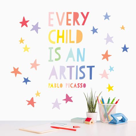 PRICES MAY VARY. INSPIRATIONAL WALL DECAL SET: Includes the quote "Every Child Is An Artist" in rainbow letters and 20 bright and colorful rainbow stars that can be mixed and matched for instant style and inspiration EASY TO APPLY: Vinyl sticker material is easy to apply to walls, mirrors, doors, furniture, stairs, and more - the possibilities are endless! REMOVABLE AND REPOSITIONABLE: Decals are removable, repositionable, and do not damage walls or leave residue so you can DIY your decor with c School Wall Art Ideas Classroom, Artwork Display Wall, School Renovation, Playroom Quotes, Baby Room Wall Decals, Every Child Is An Artist, Nursery Designs, Inspirational Quotes For Girls, Silly Quotes