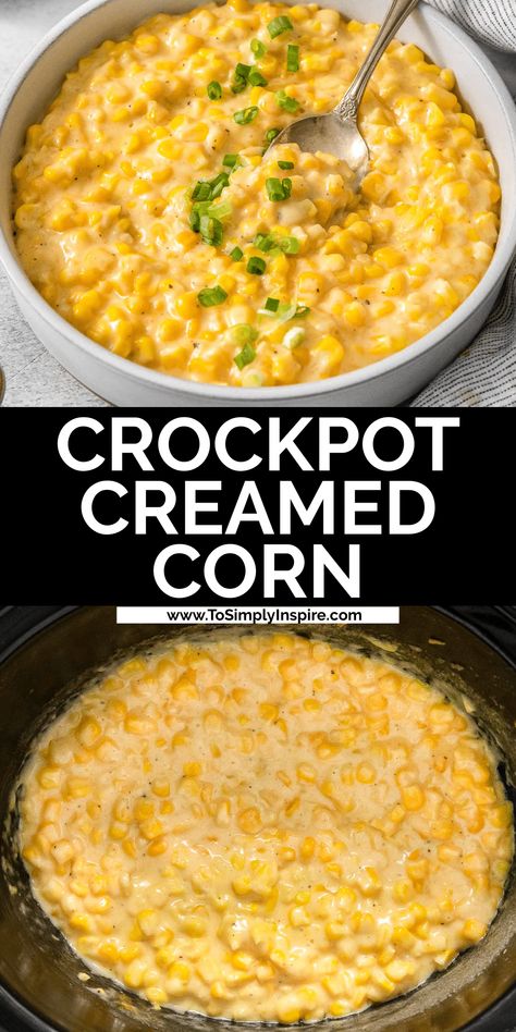 This cheesy crockpot creamed corn combines simple ingredients of cheddar cheese, cream and corn all slow cooked to perfection. It's a perfect side dish that will easily become a family favorite at holiday gatherings. Cream Corn Recipe Crock Pot, Crockpot Creamed Corn, To Simply Inspire, Slow Cooker Creamed Corn, Creamed Corn Recipes, Slow Roasted Italian, Cream Corn, The Slow Roasted Italian, Creamy Corn