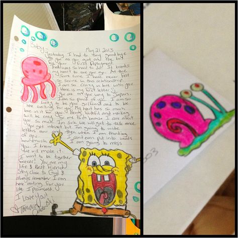 First letter and envelope I sent to my boyfriend who is deployed. Spongebob theme. #marine Marine Girlfriend Gifts, Marine Boyfriend, Cute Drawings For Him, Military Letters, Army Letters, Usmc Girlfriend, Camp Letters, Spongebob Theme, Military Boyfriend