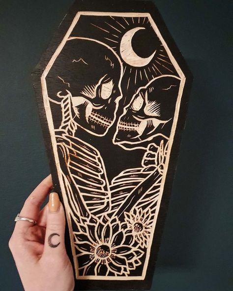 Savannah's Woodcuts on Instagram: “Another lovers coffin 🌙💀 Commissions are currently open. Dm me if you're interested. . . . . . . . #woodcut #woodcutstyle #gothicart…” Gothic Coffin Tattoo, Coffin Painting Ideas, Coffin Sketch, Coffin Tattoo Ideas, Coffin Painting, Coffin Tattoo Design, Coffin Tattoos, Coffin Art, Coffin Tattoo