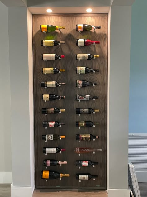 Wine Wall Display With Lights, Wooden Wall Wine Rack, Recessed Wine Wall, Wine Shelves Wall Modern, Wine Wall Storage, Modern Wine Storage Wall, Floating Wine Wall, Wine Feature Wall, Dining Room Wine Wall