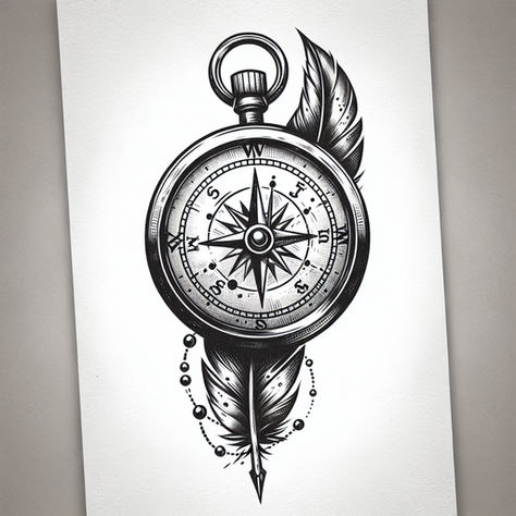 Compass and Feather Tattoo Design Inspiration Antique Compass Tattoo, Compass Feather Tattoo, Nature Compass Tattoo, Compass Sketch, Compass Tattoo Men, Tattoo Generator, Compass Tattoo Design, Clock Tattoo Design, Feather Tattoo Design