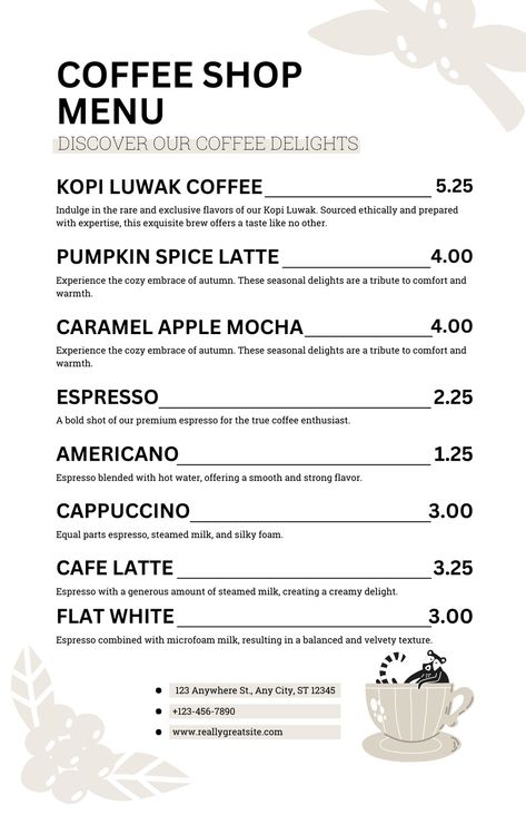 Black and White Simple Coffee Shop Menu. Canva Template Design by Anka Drozd Coffee Menu Design Templates, Coffee Shop Template, Simple Coffee Menu Board, Coffee Shop Business Plan Template, Basic Menu For Coffee Shop, Kopi Luwak Coffee, Coffee Shop Menu, Starbucks Menu, Coffee Enthusiast