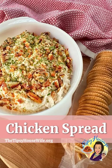 The photo shows a white dish holding the chicken spread made with chicken, cream cheese and spices - it is paired with a roll of butter crackers on the side. The brightly colored banner displays the name of the recipe as "Chicken Spread." Deviled Chicken Spread, Turkey Spread Recipe, Cabin Appetizers, Cheese Spread Recipes For Crackers, Poker Snacks, Chicken Spread Recipe, Chicken Recipes With Cream, Chicken Pate Recipe, Tipsy Housewife Recipes