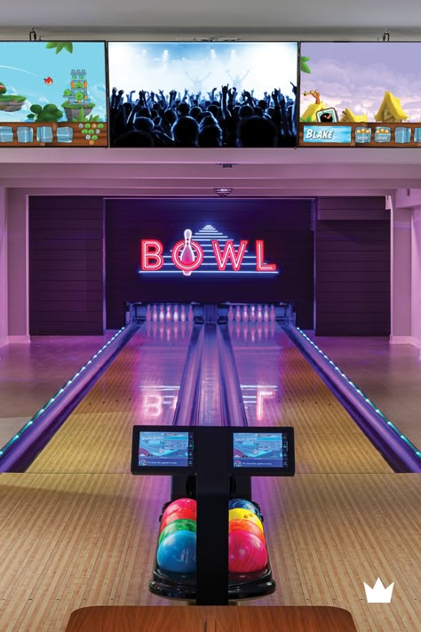 Bowling Lanes in Home Entertainment Interior Design, In Home Bowling Alley, Bowling Center Design, Retro Bowling Alley Aesthetic, Bowling Alley In House, Mini Bowling Alley, Bowling Alley Design, Denim Window Display, Indoor Bowling Alley