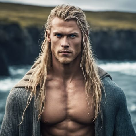 Male Viking, Modern Viking Aesthetic, Viking Photoshoot Men, Viking Aesthetic Male, Blond Pirate Man, Blonde Pirate Male, Guy Viking Hair, Lean Muscle Men, Blonde Viking Man Aesthetic