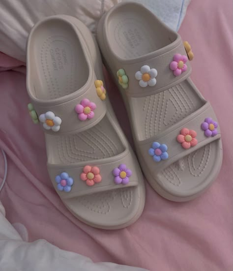 Crocs, Footwear, 2024 crocs, Cute girly sandals, Gibits, Cream colored shoes, Back to school shoes, Rachel Gentile Croc Slides With Jibbitz, Croc Platform Sandals, Crocks Sandal, Platform Croc Sandals, Crocs Atmosphere, Croc Sandals Outfit, Croc Design Ideas, Croc Outfits Women, Jibbitz Crocs Ideas