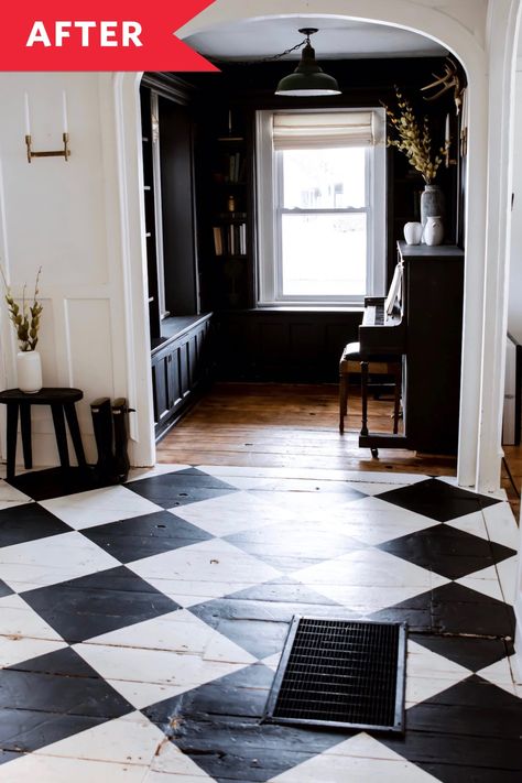 Painted Wood Floor Redo - Wood Floors Painted with Checkered Pattern | Apartment Therapy Painted Kitchen Floors, Painted Wood Floor, Painted Hardwood Floors, Painted Built Ins, Architecture Renovation, Painted Wood Floors, Floor Pattern, Checkerboard Floor, Painted Floor