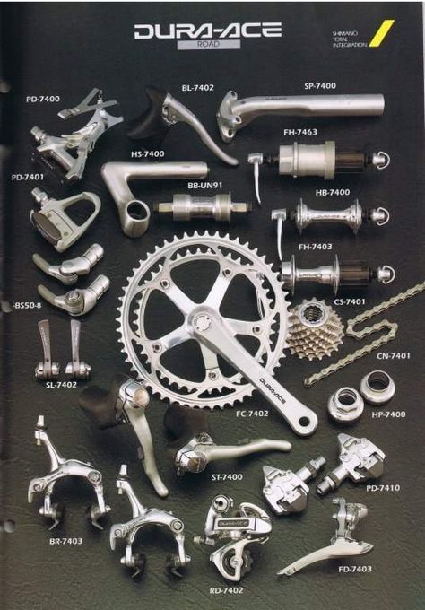 Shimano Dura-Ace 7400 series 1993 catalogue Classic Road Bike, Road Bike Vintage, Velo Vintage, Bike Details, Steel Bike, Retro Bike, Push Bikes, Bike Components, Cool Bike Accessories