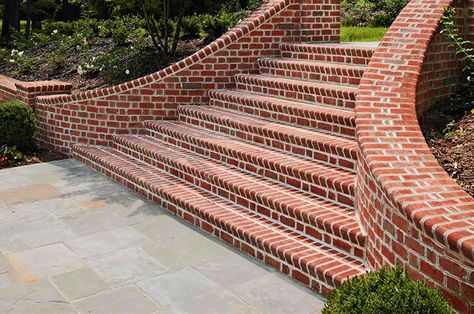 Make a grand entrance with a beautiful brick staircase featuring special shape brick framed by walls with a Flemish bond brick pattern. http://insistonbrick.com/ Outdoor Stairs Ideas, Brick Stairs, Front Porch Steps, Simple Fireplace, Brick Projects, Brick Steps, Building Stairs, Stairs Ideas, Brick Construction