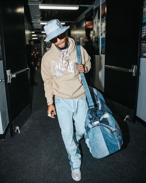 Toosii Outfit from December 22, 2022 | WHAT’S ON THE STAR? Blue Bucket Hat Outfit, Denim Duffle Bag, Bucket Hat Outfit, Hard Photo, Tan Hoodie, Blue Bucket Hat, Straight Leg Blue Jeans, Denim Bucket Hat, Save Outfits