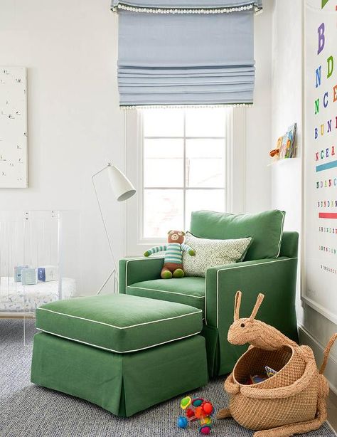 Transitional Nursery, Jenkins Interiors, Glider And Ottoman, Nursery Glider, Boys Nursery, Green Nursery, Green Pillows, Big Boy Room, Nursery Design