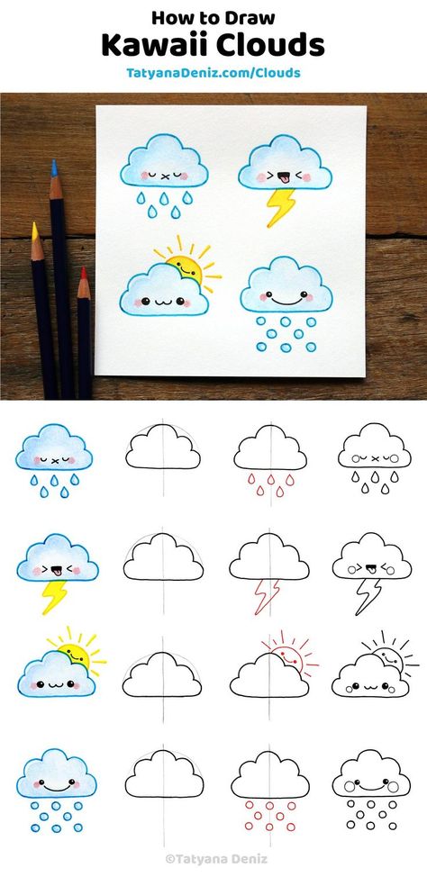 How To Draw Clouds, Draw Clouds, Kawaii Clouds, Easy Pencil Drawings, Draw Kawaii, Kawaii Cloud, Easy Drawing Steps, Easy Drawings For Beginners, Easy Drawing Tutorial