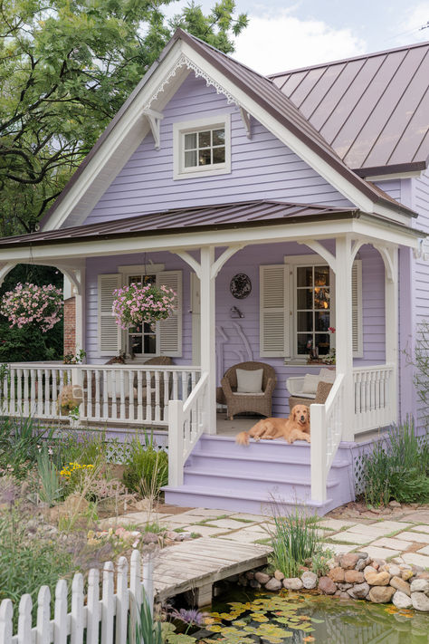 The 107 Best Exterior House Colors Witchy Home Exterior, Lilac House Exterior, Kawaii House Exterior, Cute Small House Exterior, Pastel House Exterior, Purple House Exterior, Pink Cottage House, Fairy House Interior, Pink Airbnb