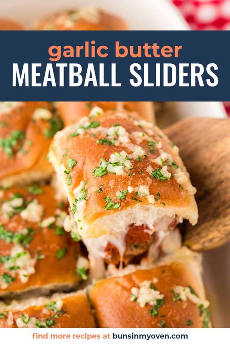 These saucy little Meatball Sliders are baked on Hawaiian rolls, loaded with cheese, and topped with garlic butter. Perfect for an appetizer or a quick dinner! Meatball Sliders Hawaiian Rolls, Meatball Sliders Recipes, Sliders Recipes Hawaiian Rolls, Hawaiian Meatballs, Buns In My Oven, Hawaiian Roll Sliders, Meatball Sliders, Meatball Dinner, Disney Dinner