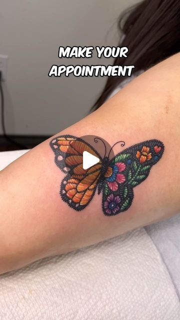 Yomari Medina - Glass Stain & Embroidery Tattoos on Instagram: "Beautiful butterfly in embroidery tattoo style 

🤩Share • Comment • Like🤩

If you love cute, Disney, anime and kawaii tattoos or just a fun a happy account hope you follow me❤️

I work non traditional tattoo styles like embroidery, watercolor splashes, stain glass, pixel and origami tattoos

  Find me in San Antonio Tx
@nfctattoostudio 
Needles by @ambitiontattoo_amz 
Visit my Shop! www.becapyadventures.com

•
•
•
•
•
#sanantoniotattoo#sanantoniotattooartist#sanantoniotattooshop #SATattooArtist#SATattooShop#thingstodoinsanantonio #disneytattoo #disneyink #cutetattoo #girlytattoos #cutetattoosforgirls #cutetattoos #kawaiitattoos #butterflytattoo #embroiderytattoo" Stained Glass Butterfly Tattoo, Origami Tattoos, Embroidery Watercolor, Kawaii Tattoos, Embroidery Tattoos, Origami Tattoo, Purple Tattoos, Embroidery Tattoo