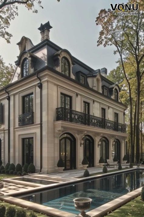 Classic French Chateau with Pool Modern French Mansion, French Chateau Exterior, French Chateau House, Chateau Exterior, Modern French Chateau, Beautiful Houses Exterior, Surrey House, Creative Bathroom Design, Neutral Bedroom Design