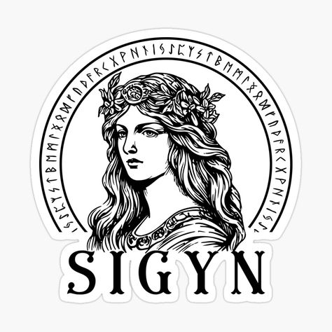 Get my art printed on awesome products. Support me at Redbubble #RBandME: https://www.redbubble.com/i/sticker/Sigyn-Viking-Goddess-of-Norse-Mythology-with-runes-by-Lady-Frost/158592652.EJUG5?asc=u Sigyn Goddess Norse Mythology, Sigyn Goddess Art, Sigyn Goddess, Viking Goddess, Ethereal Core, Norse Goddess, Vikings Fan, Ancient Vikings, Old Norse