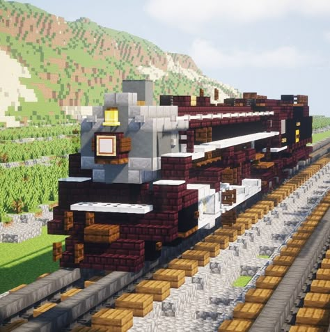 Minecraft Train Tracks Ideas, Minecraft Steampunk Train, Train In Minecraft, Minecraft Train Tunnel, Minecraft Train Design, Stairway Minecraft, Minecraft Diagonal Builds, Minecraft Steam Train, Minecraft Dam