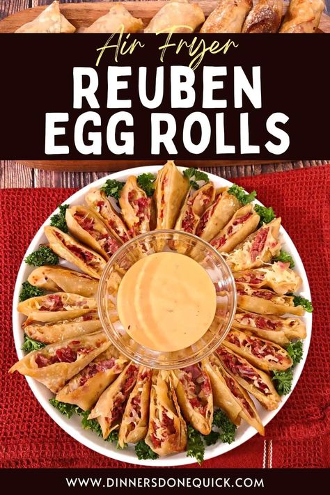 Make your own homemade Reuben egg rolls in the air fryer. Whether you want to use full size or mini wrappers, this recipe covers you! #dinnersdonequick #reuben #reubeneggrolls #reubenrecipe #reubeneggrollsairfryer #reubeneggrollsrecipe #cornedbeefreubeneggrolls #cornedbeef #cornedbeefideas #cornedbeefeggrolls #airfryereggrolls #howtomakeeggrollsinairfryer #partyappetizers #stpatricksdayfood #cornedbeefrecipeideas Eggroll Wrapper Recipes, Reuben Egg Rolls, Wrapper Recipes, Corned Beef Reuben, Reuben Recipe, Wonton Wrapper Recipes, Egg Rolls Recipe, Crowd Pleasing Appetizers, St Patricks Day Food