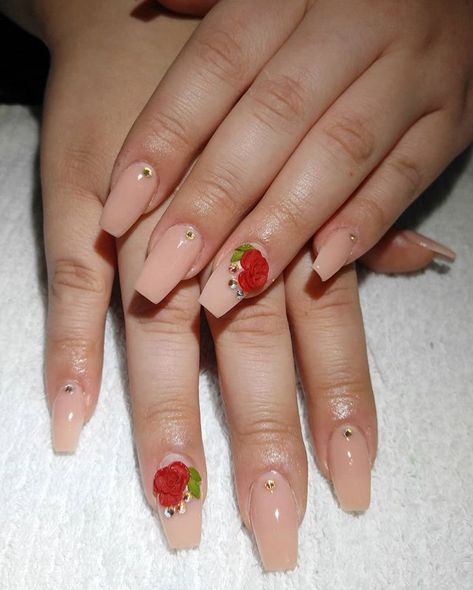 Rose Nails Acrylic, 3d Rose Nails, Quince Stuff, Acrylic Coffin Nails, Acrylic Rose, Beige Nails, Coffin Shape Nails, Acrylic Coffin, Rose Nails