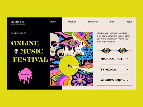 Online Music Festival // Website Concept by Ivan Ivanov for blacklead on Dribbble Music Festival Website Design, Music Festival Website, Colourful Website Design, Artist Website Design Layout, Festival Website Design, Festival Websites, Music Website Design, Music Festival Branding, Art Website Design