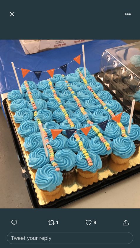 Swim Cupcake Ideas, Swim Team Party Food, Swim Team Cake Ideas, Swim Team Cake, Swim Team Pep Rally Ideas, Swim Banquet Ideas High Schools, Senior Night Ideas Swimming, Swim Team Dinner Ideas, Swim Team Christmas Party