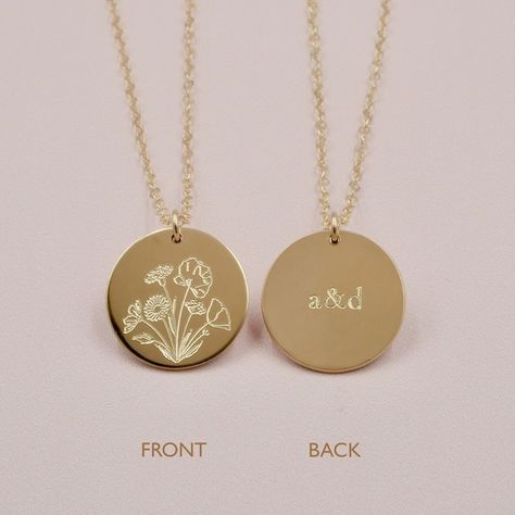 Pendant Engraving Ideas, Engraved Necklace Ideas, Floral Necklaces, Wildflower Necklace, Gold Engraved Necklace, Custom Engraved Necklace, Flower Necklace Gold, Deer Jewelry, Handwriting Jewelry