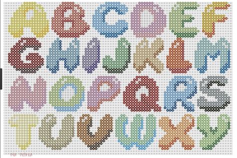 Peerler Bead Bubble letters Perler Bead Letters Alphabet, Perler Alphabet, Embroidery Patterns Letters, Cross Stitch Letter Patterns, Perler Pattern, Perler Beads Ideas, Cross Stitch Alphabet Patterns, Ideas Embroidery, Cross Stitch Fonts